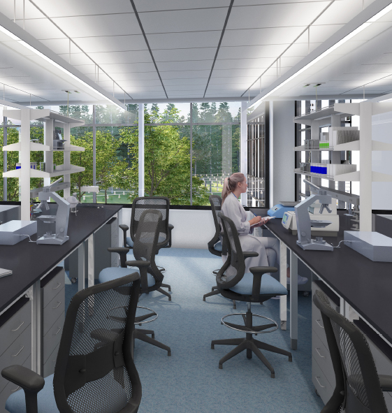 A rendering of a scientist working in a lab space at Bedford Labs